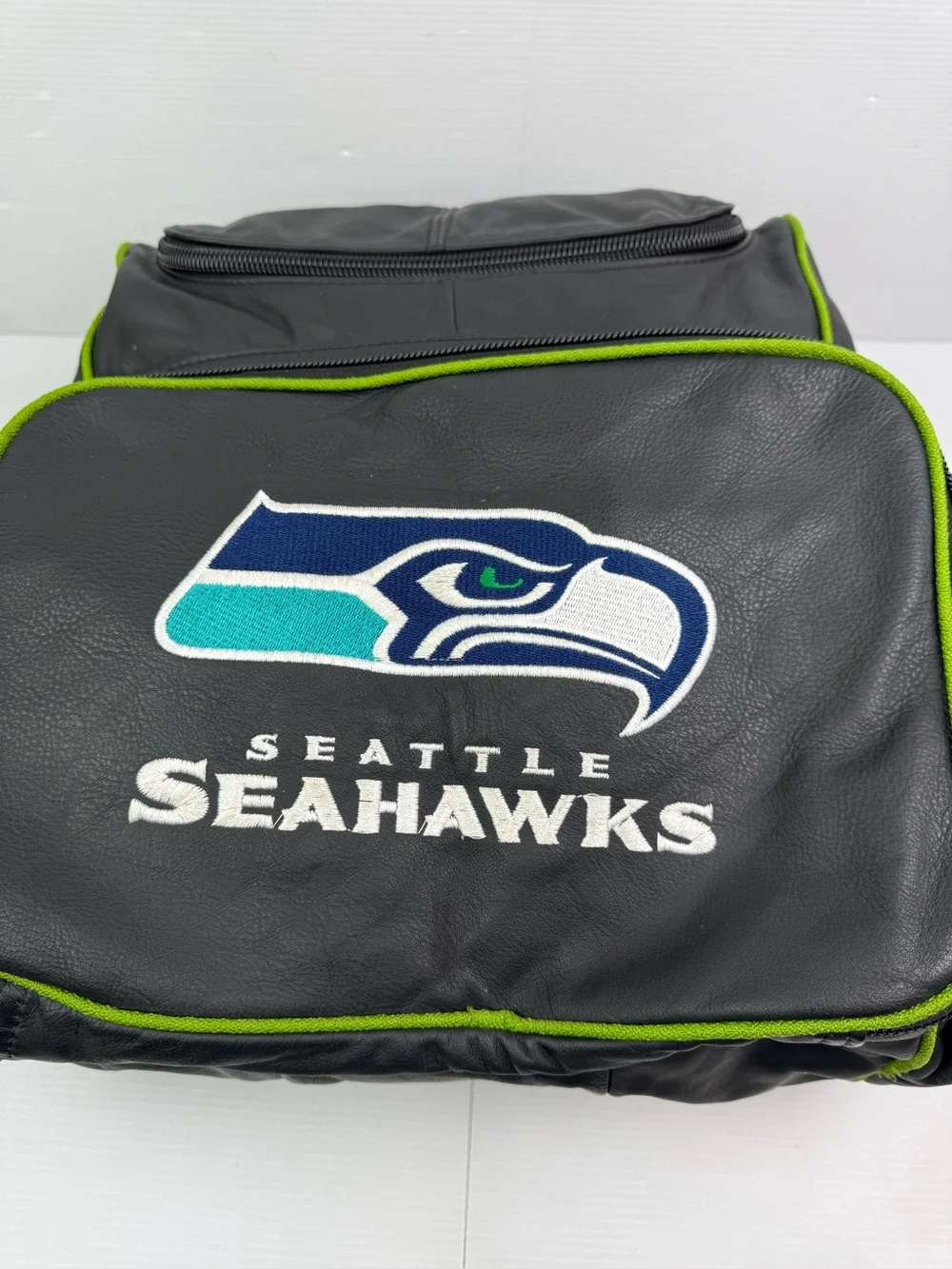 Seattle Seahawks Genuine Leather Backpack VTG Style Black Action Green NFL